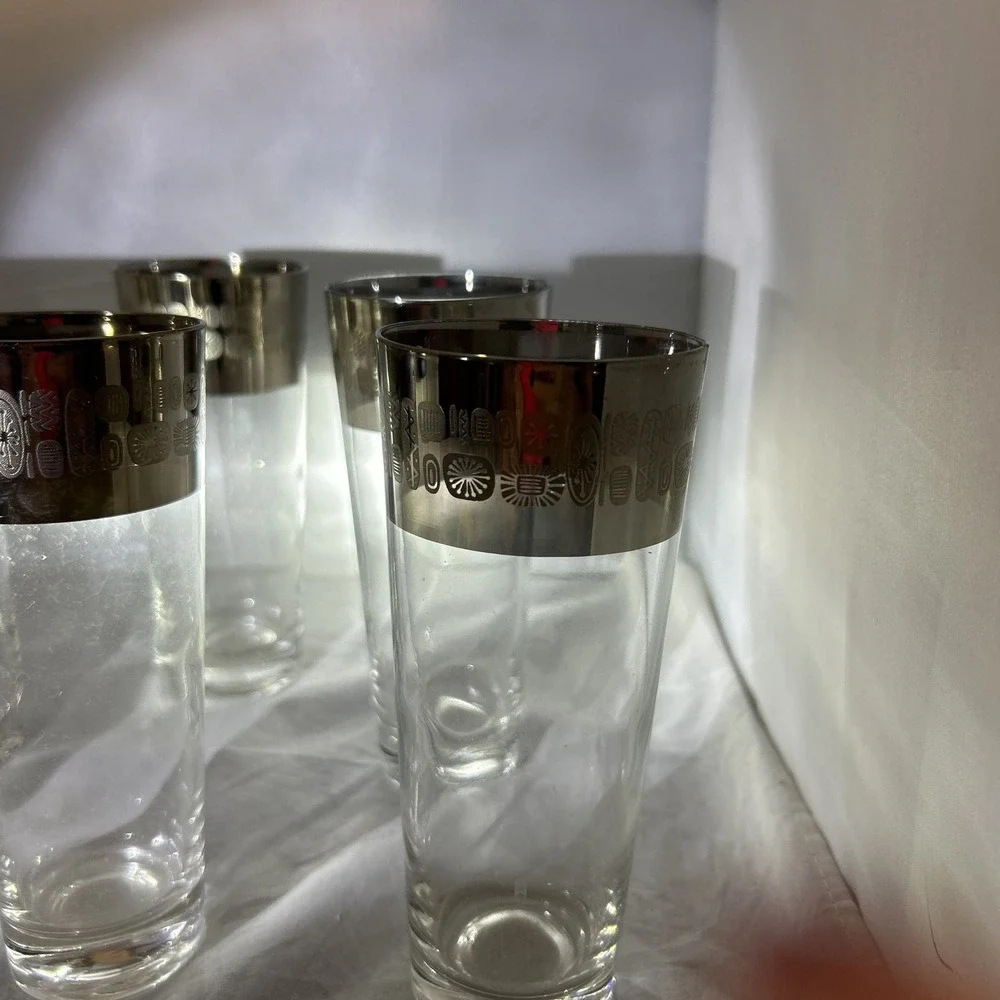 Set of 6 Rare 1950s Silver Rimmed Atomic Highball Glasses